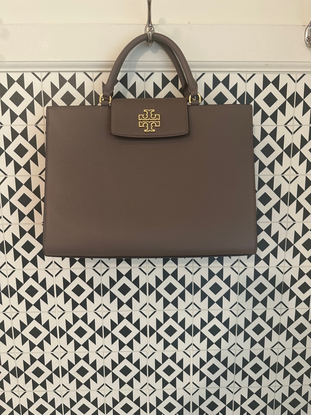 Tory Burch Brown Pebbled Leather Top-Handle Satchel with Gold Logo